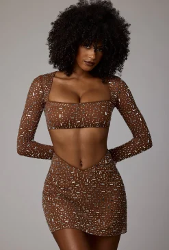 Oh Polly Skirts & Skorts | Co-Ords^Sheer Embellished V Waist Mini Skirt in Mocha