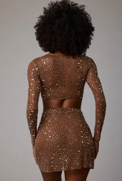 Oh Polly Skirts & Skorts | Co-Ords^Sheer Embellished V Waist Mini Skirt in Mocha