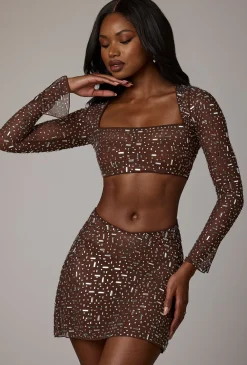 Oh Polly Skirts & Skorts | Co-Ords^Sheer Embellished V Waist Mini Skirt in Deep Cocoa DeepCocoa