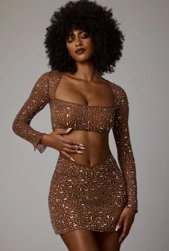 Oh Polly Skirts & Skorts | Co-Ords^Sheer Embellished V Waist Mini Skirt in Mocha