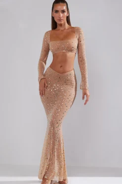 Oh Polly Skirts & Skorts | Co-Ords^Sheer Embellished V-Waist Gown Skirt in Almond
