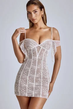 Oh Polly Bride To Be^Sheer Lace A-Line Mini Dress in Ivory