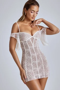 Oh Polly Bride To Be^Sheer Lace A-Line Mini Dress in Ivory