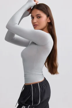 Oh Polly Tops^Sheer Long-Sleeve Top in Ice Grey IceGrey