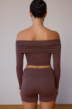 Oh Polly Matching Sets | Tops^Sheer Off-Shoulder Long-Sleeve Top in Taupe Brown TaupeBrown