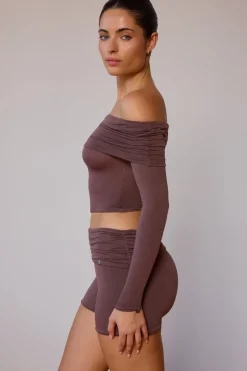 Oh Polly Matching Sets | Tops^Sheer Off-Shoulder Long-Sleeve Top in Taupe Brown TaupeBrown