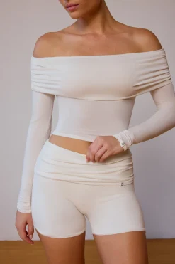 Oh Polly Matching Sets | Tops^Sheer Off-Shoulder Long-Sleeve Top in Soft White SoftWhite