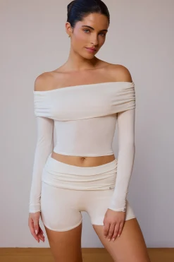 Oh Polly Matching Sets | Tops^Sheer Off-Shoulder Long-Sleeve Top in Soft White SoftWhite