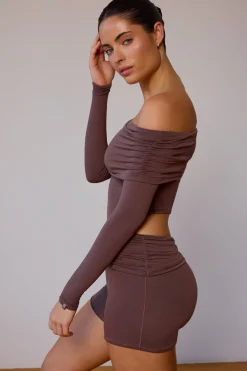 Oh Polly Matching Sets | Tops^Sheer Off-Shoulder Long-Sleeve Top in Taupe Brown TaupeBrown