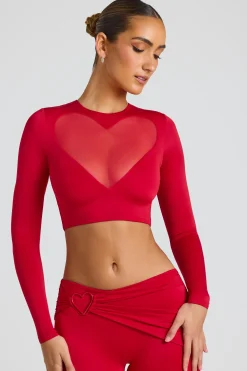 Oh Polly Co-Ords | Tops^Sheer Panelled Long Sleeve Crop Top in Fire Red FireRed