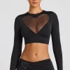 Oh Polly Co-Ords | Tops^Sheer Panelled Long Sleeve Crop Top in Black