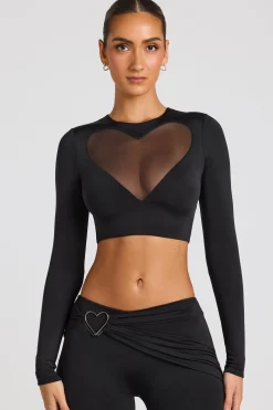 Oh Polly Co-Ords | Tops^Sheer Panelled Long Sleeve Crop Top in Black