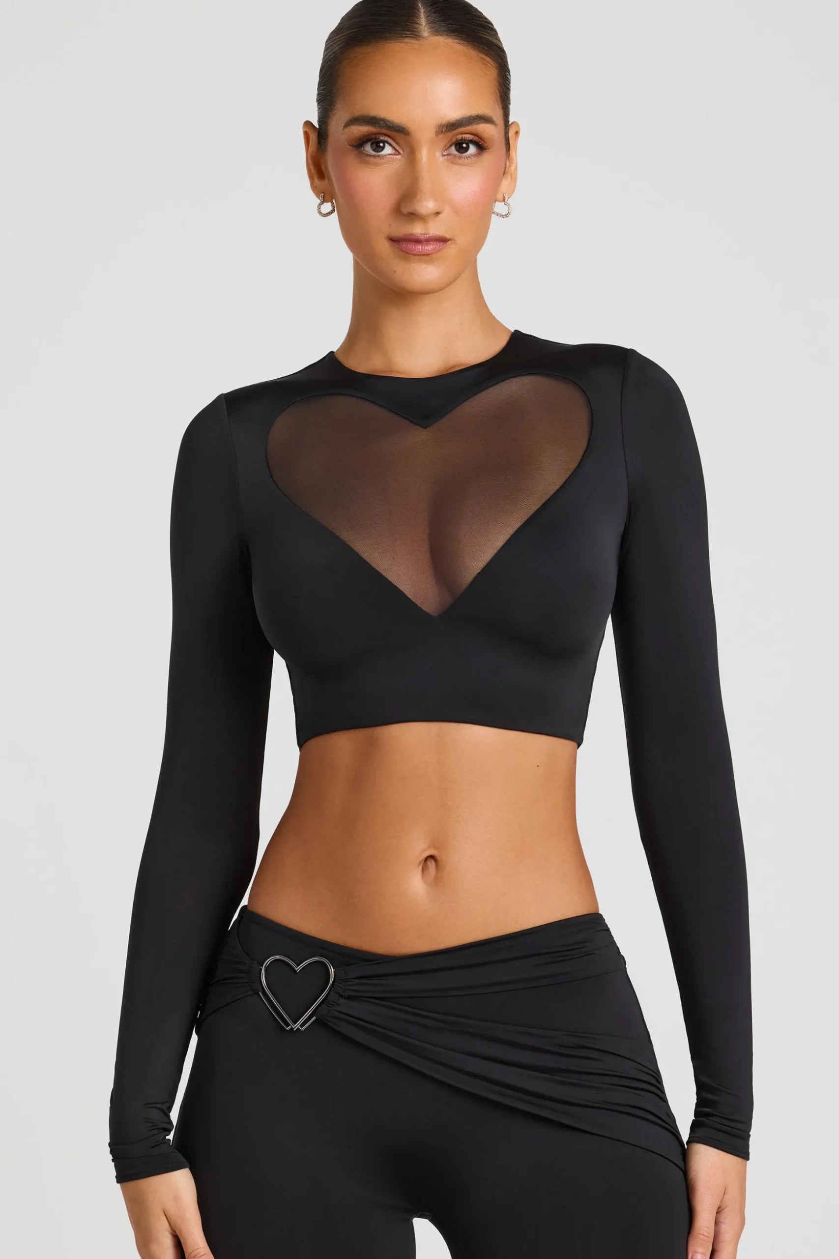 Oh Polly Co-Ords | Tops^Sheer Panelled Long Sleeve Crop Top in Black