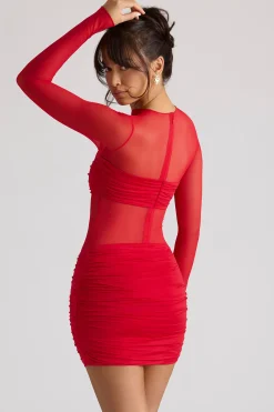 Oh Polly Night Out | Mesh Dresses^Sheer Panelled Long Sleeve Mini Dress in Fire Red FireRed