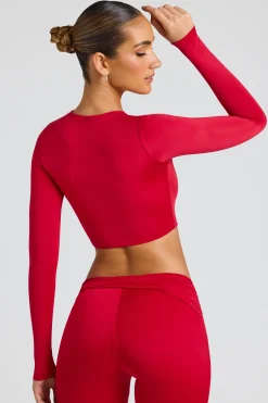 Oh Polly Co-Ords | Tops^Sheer Panelled Long Sleeve Crop Top in Fire Red FireRed