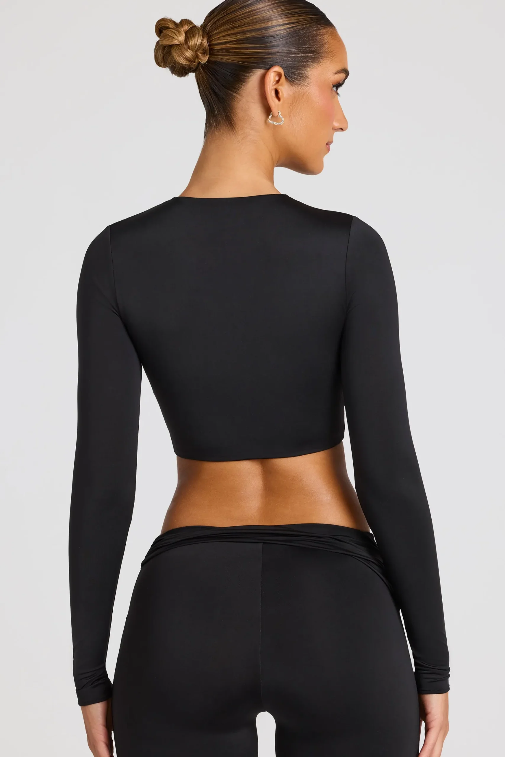 Oh Polly Co-Ords | Tops^Sheer Panelled Long Sleeve Crop Top in Black