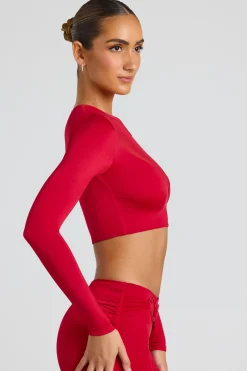 Oh Polly Co-Ords | Tops^Sheer Panelled Long Sleeve Crop Top in Fire Red FireRed