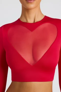 Oh Polly Co-Ords | Tops^Sheer Panelled Long Sleeve Crop Top in Fire Red FireRed