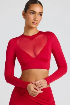 Oh Polly Co-Ords | Tops^Sheer Panelled Long Sleeve Crop Top in Fire Red FireRed