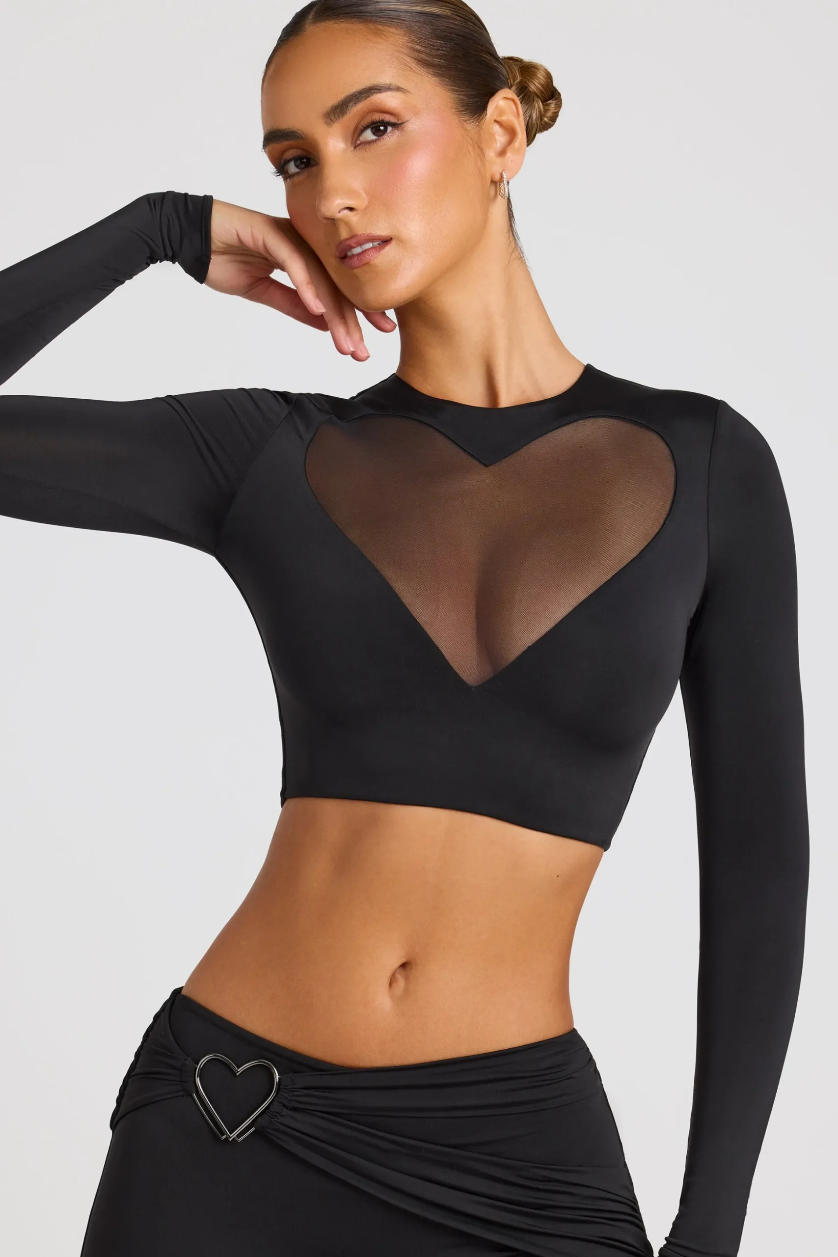 Oh Polly Co-Ords | Tops^Sheer Panelled Long Sleeve Crop Top in Black