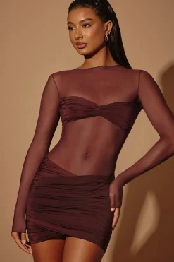 Oh Polly Mesh Dresses^Sheer Panelled Long Sleeve Mini Dress in Brown