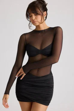 Oh Polly Night Out | Mesh Dresses^Sheer Panelled Long Sleeve Mini Dress in Black