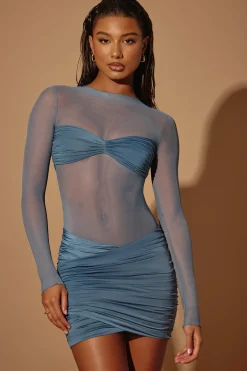 Oh Polly Mesh Dresses^Sheer Panelled Long Sleeve Mini Dress in Steel Blue SteelBlue