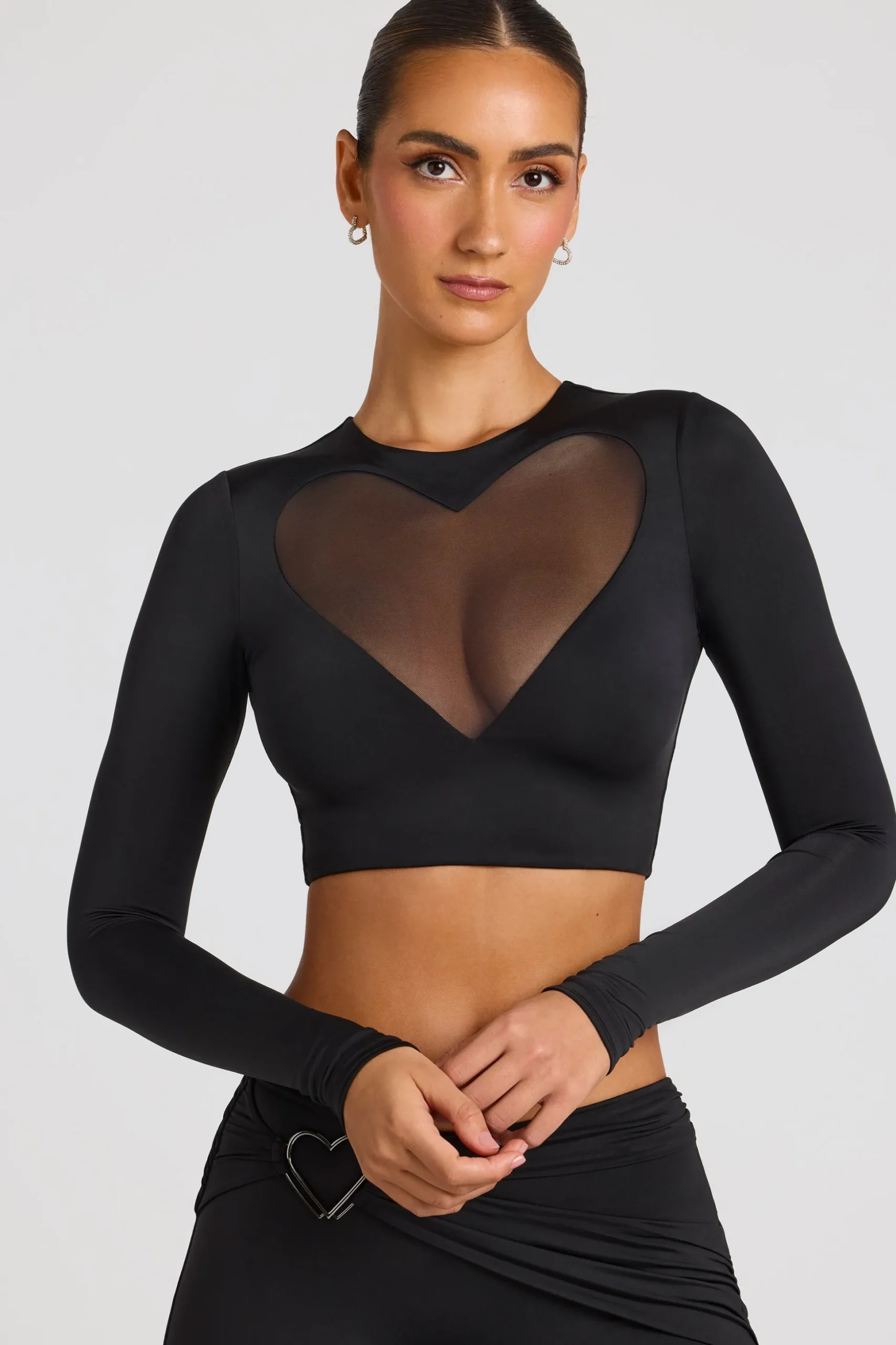 Oh Polly Co-Ords | Tops^Sheer Panelled Long Sleeve Crop Top in Black