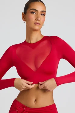 Oh Polly Co-Ords | Tops^Sheer Panelled Long Sleeve Crop Top in Fire Red FireRed