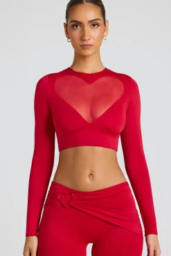 Oh Polly Co-Ords | Tops^Sheer Panelled Long Sleeve Crop Top in Fire Red FireRed