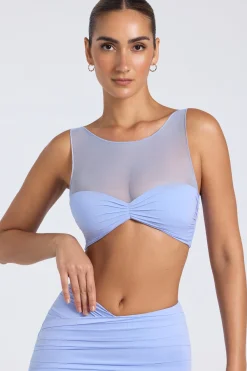 Oh Polly Co-Ords | Tops^Sheer Panelled Ruched Crop Top in Periwinkle Blue PeriwinkleBlue