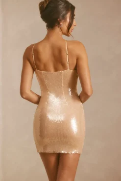 Oh Polly Women'S Clothing Sale - $65 And Under | Women'S Clothing Sale - $40 And Under^Sheer Sequin Asymmetric Cut Out Mini Dress in Tan
