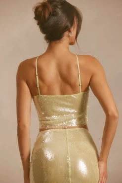 Oh Polly Women'S Clothing Sale - $65 And Under | Women'S Clothing Sale - $40 And Under^Sheer Sequin Keyhole Cut Out Halter Neck Crop Top in Pistachio