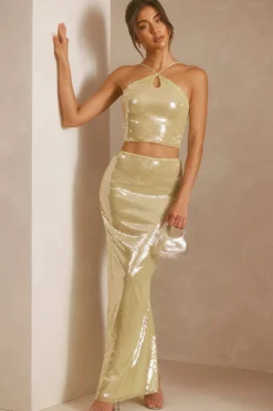 Oh Polly Women'S Clothing Sale - $65 And Under | Women'S Clothing Sale - $40 And Under^Sheer Sequin Keyhole Cut Out Halter Neck Crop Top in Pistachio
