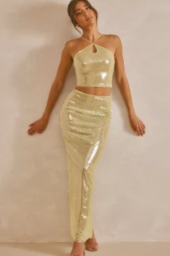 Oh Polly Women'S Clothing Sale - $65 And Under | Women'S Clothing Sale - $40 And Under^Sheer Sequin Keyhole Cut Out Halter Neck Crop Top in Pistachio