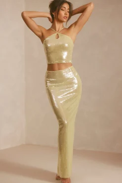 Oh Polly Women'S Clothing Sale - $65 And Under | Women'S Clothing Sale - $40 And Under^Sheer Sequin Mid Rise Maxi Skirt in Pistachio