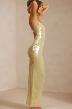 Oh Polly Wedding Guest | Party Dresses^Sheer Sequin V-Neck Cut Out Back Evening Gown in Pistachio