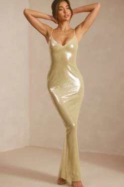 Oh Polly Wedding Guest | Party Dresses^Sheer Sequin V-Neck Cut Out Back Evening Gown in Pistachio