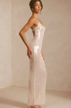 Oh Polly Party Dresses | Bride To Be^Sheer Sequin V-Neck Cut Out Back Evening Gown in White