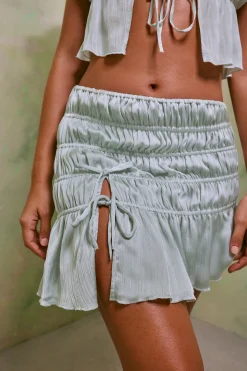 Oh Polly Women'S Clothing Sale - $65 And Under | Women'S Clothing Sale - $40 And Under^Shirred Thigh High Split Mid Rise Mini Skirt in Pastel Green PastelGreen