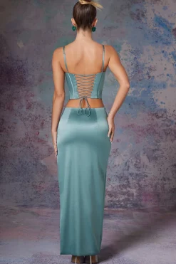 Oh Polly Women'S Clothing Sale - $65 And Under | Women'S Clothing Sale - $40 And Under^Side Split Satin Maxi Skirt in Light Teal LightTeal