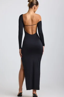 Oh Polly Night Out^Slinky Jersey Asymmetric Ruched Hardware Detail Maxi Dress in Black