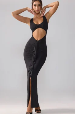 Oh Polly Party Dresses | Birthday^Slinky Jersey Cut Out Ruffle Racerback Maxi Dress in Black