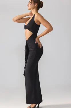 Oh Polly Party Dresses | Birthday^Slinky Jersey Cut Out Ruffle Racerback Maxi Dress in Black