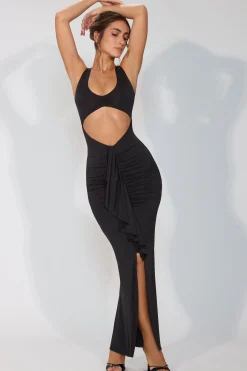 Oh Polly Party Dresses | Birthday^Slinky Jersey Cut Out Ruffle Racerback Maxi Dress in Black