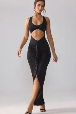 Oh Polly Party Dresses | Birthday^Slinky Jersey Cut Out Ruffle Racerback Maxi Dress in Black