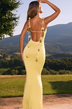 Oh Polly Wedding Guest^Slinky Jersey Floral-Appliqué Gown in Pastel Yellow PastelYellow