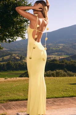 Oh Polly Wedding Guest^Slinky Jersey Floral-Appliqué Gown in Pastel Yellow PastelYellow