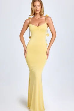 Oh Polly Wedding Guest^Slinky Jersey Floral-Appliqué Gown in Pastel Yellow PastelYellow