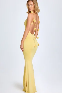 Oh Polly Wedding Guest^Slinky Jersey Floral-Appliqué Gown in Pastel Yellow PastelYellow